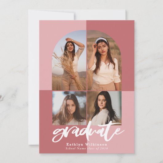 Roos Roze Modern Script Arch Photo Collage AFSTUDE Aankondiging (Voorkant)