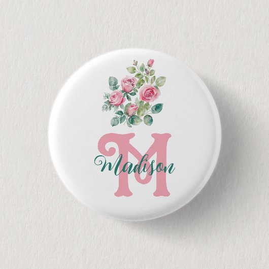 Roos Roze monogram Ronde Button 3,2 Cm (Voorkant)