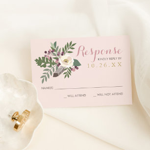 Roos Roze Moody Floral Boho Wedding RSVP Kaartje