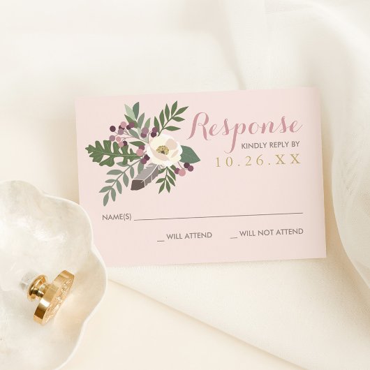 Roos Roze Moody Floral Boho Wedding RSVP Kaartje