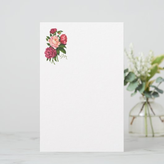  Roos Roze pioenroos Bloemen Monogram Briefpapier (Staand voorkant)