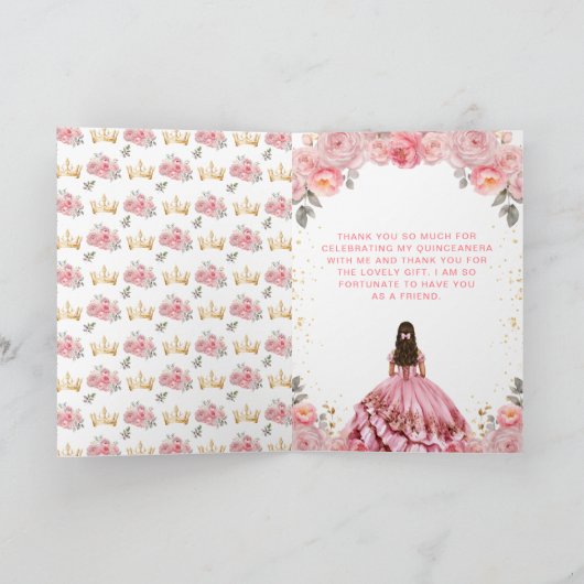 Roos Roze Princess Floral Quinceañera Bedankkaart (Binnen)