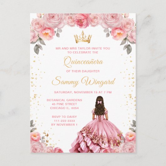 Roos Roze Princess Floral Quinceañera Briefkaart (Voorkant)