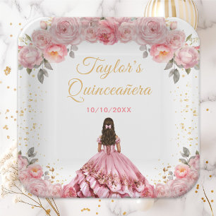 Roos Roze Princess Floral Quinceañera Papieren Bordje