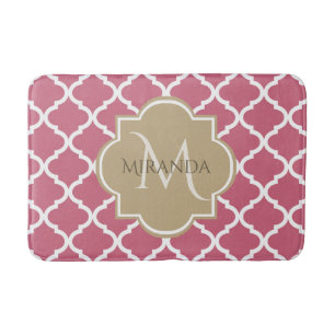 Roos Roze Quatrefoil Patroon met Groot Tan Monogra Badmat