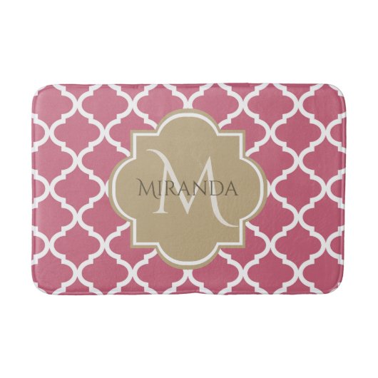 Roos Roze Quatrefoil Patroon met Groot Tan Monogra Badmat (Voorkant)