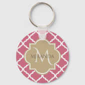 Roos Roze Quatrefoil Patroon met Groot Tan Monogra Sleutelhanger (Voorkant)