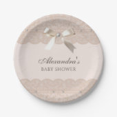 Roos Roze Regency Parel Satijn Bow Baby shower Papieren Bordje (Voorkant)