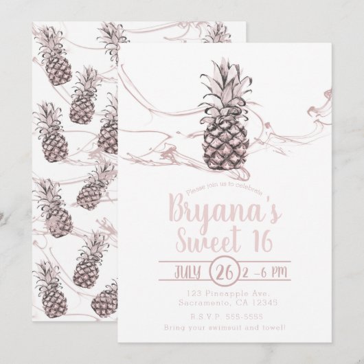 Roos Roze Sappige Ananas Zomer Sweet 16 Party Kaart (Voorkant / Achterkant)