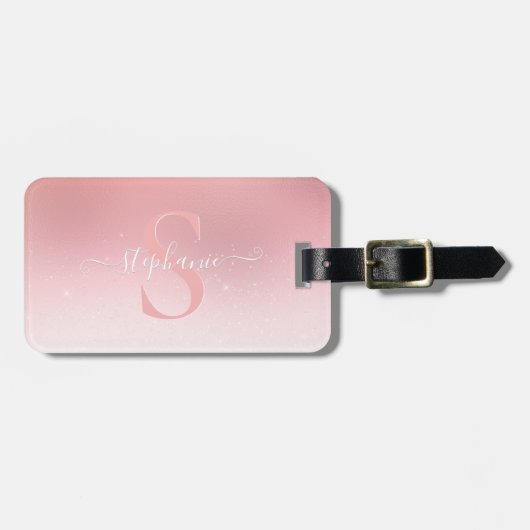 Roos Roze Shimmer Glitter Sparkle Monogramed Bagagelabel (Voorkant horizontaal)