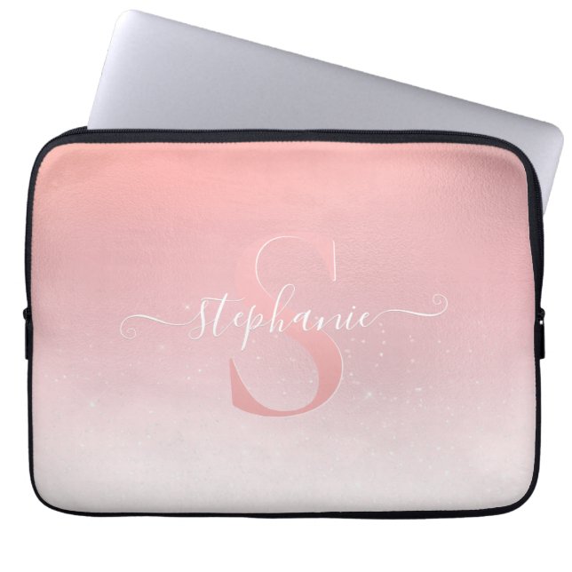 Roos Roze Shimmer Glitter Sparkle Monogramed Laptop Sleeve (Voorkant)