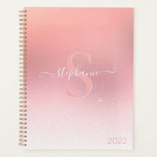 Roos Roze Shimmer Glitter Sparkle Monogramed Planner (Voorkant)