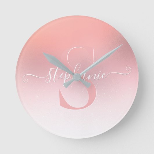 Roos Roze Shimmer Glitter Sparkle Monogramed Ronde Klok (Voorkant)