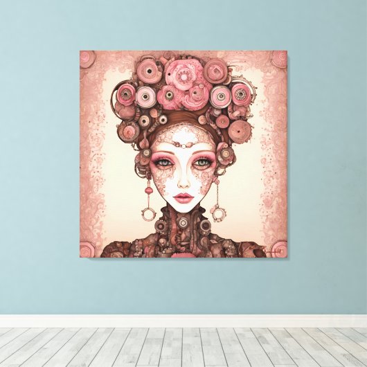 ROOS ROZE STEAMPUNK FUTURE FANTASY PORTRET VROUW CANVAS AFDRUK (Insitu (Houten vloer))