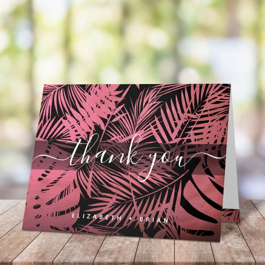 Roos roze tropische palmbladpatroon scriptnaam bedankkaart