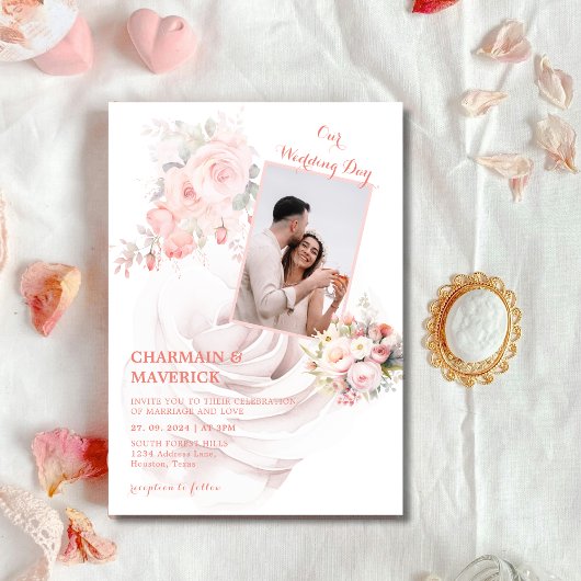 Roos Roze Trouwfoto Kaart