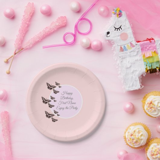 Roos roze vlinders papieren bordje (Feest)