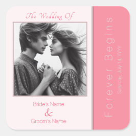 Roos roze voor altijd begint elegante foto bruilof vierkante sticker