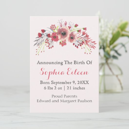 Roos Roze Waterverf Baby Girl Aankondiging geboort (Staand voorkant)