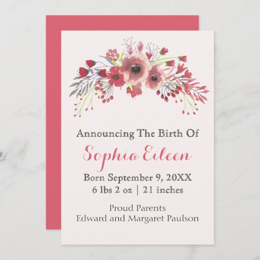 Roos Roze Waterverf Baby Girl Aankondiging geboort (Voorkant / Achterkant)