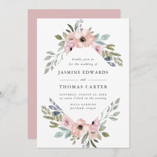 Roos Roze Waterverf Floral Lijst | Weddenschap Kaart (Voorkant / Achterkant)