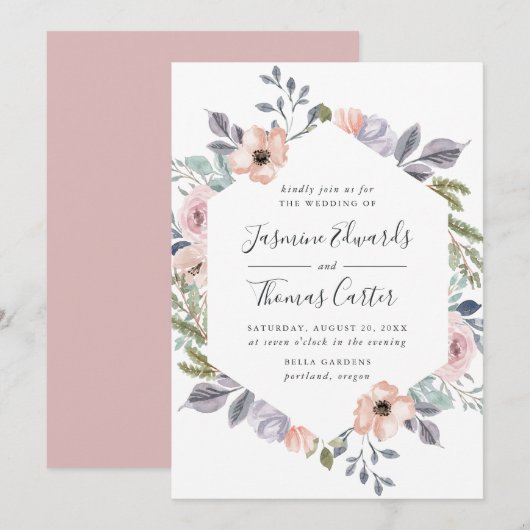 Roos Roze Waterverf Floral Lijst | Weddenschap Kaart (Voorkant / Achterkant)