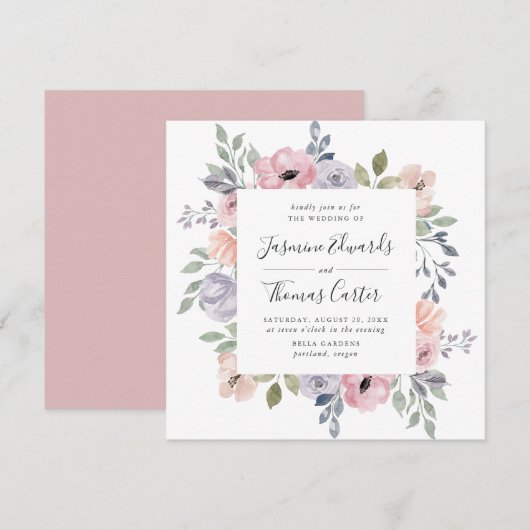 Roos Roze Waterverf Floral | Square Wedding Kaart (Voorkant / Achterkant)