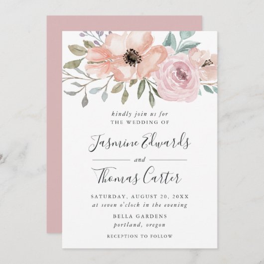 Roos Roze Waterverf Floral | Weddenschap Kaart (Voorkant / Achterkant)