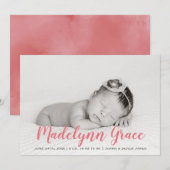 Roos Roze Waterverf Meisje Foto Geboorteaankondigi Kaart (Voorkant / Achterkant)