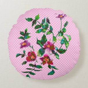 Roos roze/witte polka-stippen Rond Kussen