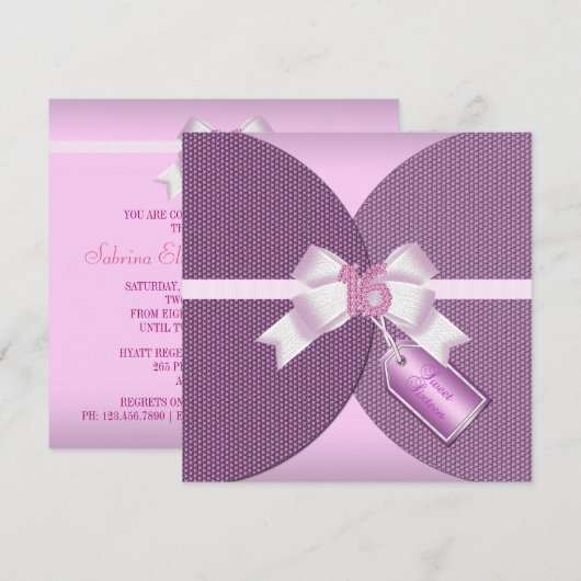 Roos roze zweet zestien nodigt uit met Diamond Bow Kaart (Voorkant / Achterkant)