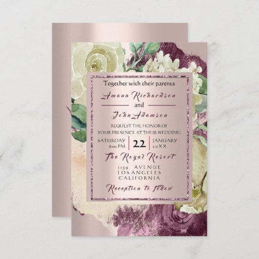 Roos Rustic Creamy Marsala Burgundy Rozen Weddensc Kaart (Voorkant / Achterkant)