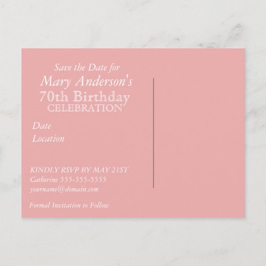 Roos Save the date 70th Birthday Celebration Postc Aankondigingskaart (Achterkant)
