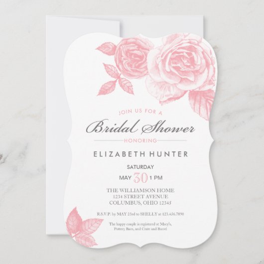 Roos Schets Bridal Shower Invitation in Pink Kaart (Voorkant)