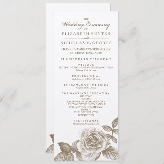 Roos schets huwelijksprogramma in sepia programmakaart (Voorkant / Achterkant)