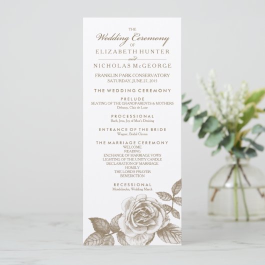 Roos schets huwelijksprogramma in sepia programmakaart (Staand voorkant)