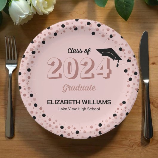 Roos Script Confetti Graduation Party Roze Pap Papieren Bordje