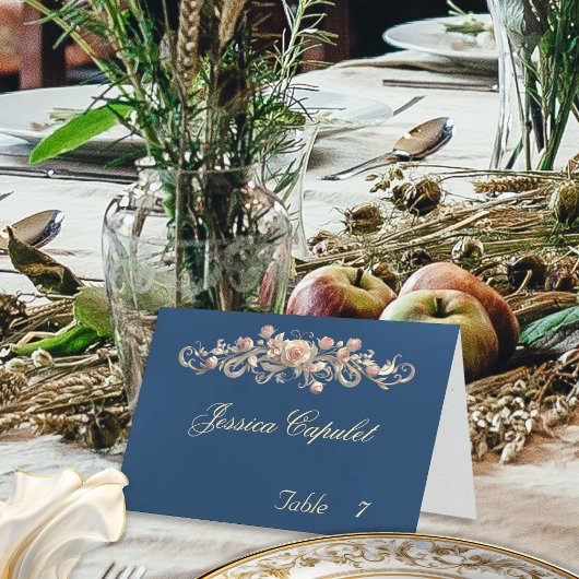 Roos Scroll & Hart Monogram - Blauwe Plaatskaart Kaart