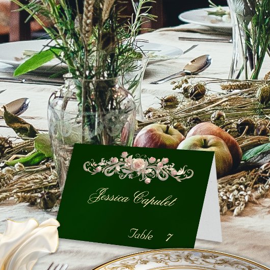 Roos Scroll & Hart Monogram - Smaragd Place Card Kaart