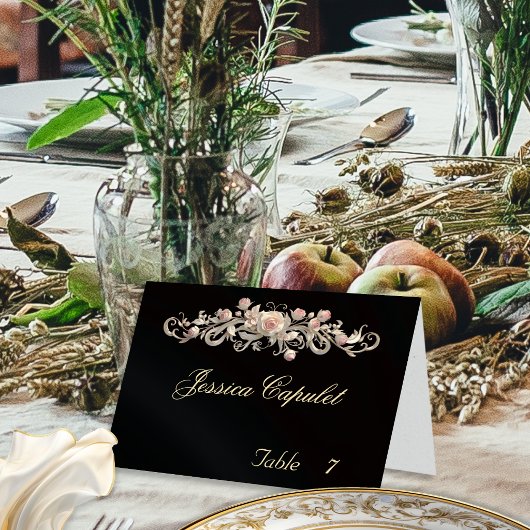 Roos Scroll & Hart Monogram - Zwarte Plaatskaart Kaart
