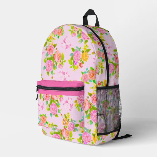 Roos Shabby Roze bedrukte Rugzak (Achterkant Hoek Rechts)