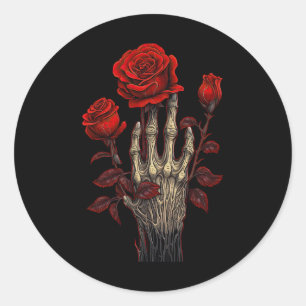 Roos Skelet Schedel Hand Rode Bloem Roos 1 Ronde Sticker
