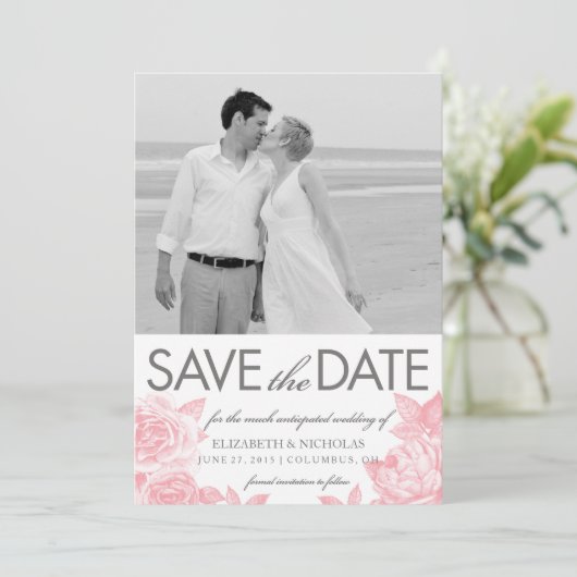 Roos Sketch Bewaar de datum fotokaart in roze Save The Date (Staand voorkant)
