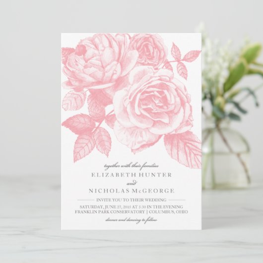 Roos Sketch bruiloft uitnodiging in roze (Staand voorkant)