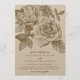 Roos Sketch Wedding Invitation in Sepia Kaart