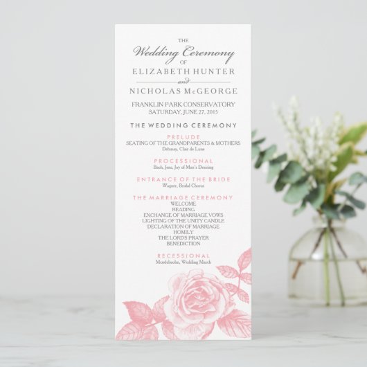 Roos Sketch Wedding Program in Pink Programmakaart (Staand voorkant)