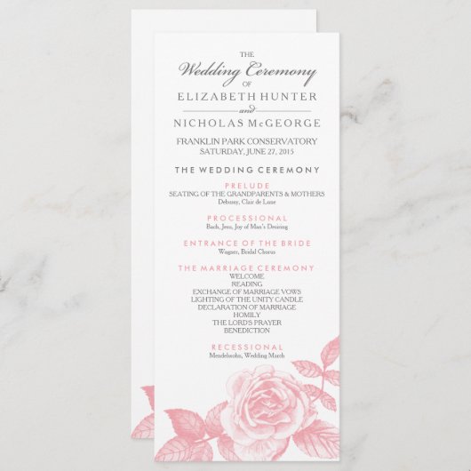 Roos Sketch Wedding Program in Pink Programmakaart (Voorkant / Achterkant)