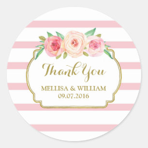 Roos Strepen Goud Roze Bloemen Bruiloft Favor Labe Ronde Sticker