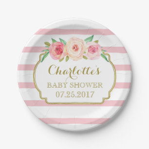 Roos Stripes Gold Pink Floral Baby shower Bord