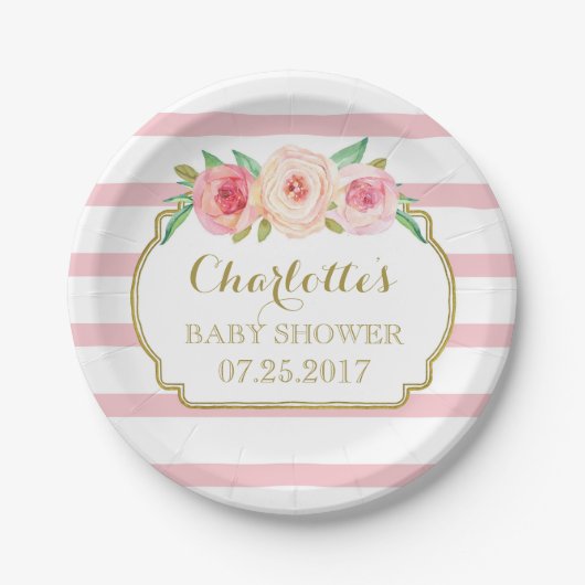 Roos Stripes Goud Roze Bloemen Baby shower Bord (Voorkant)